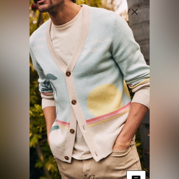 Marine Layer Finn Intarsia Cotton V-Neck Cardigan Sweater Beach Sunset Design